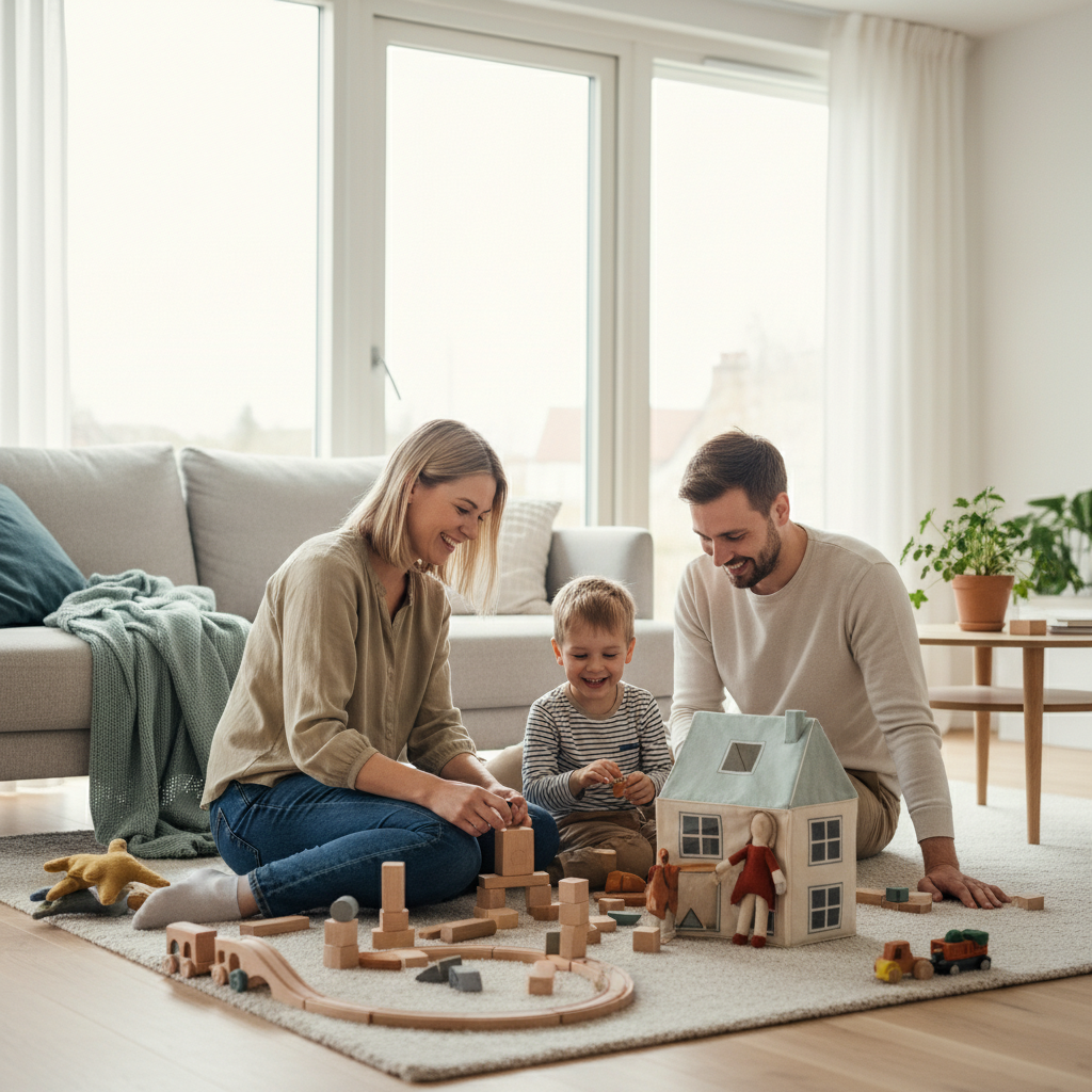 Fröhliche Familie spielt gemeinsam ohne Bildschirm im hellen Wohnzimmer mit altersgerechtem Spielzeug.