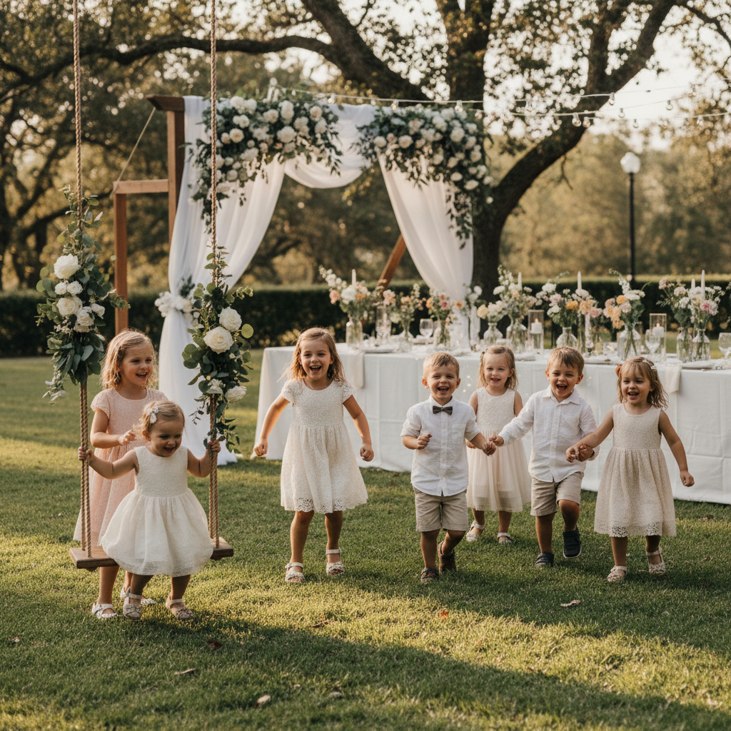 Glückliche Kinder spielen zusammen auf einer Hochzeit im Grünen, Eltern entspannt im Hintergrund