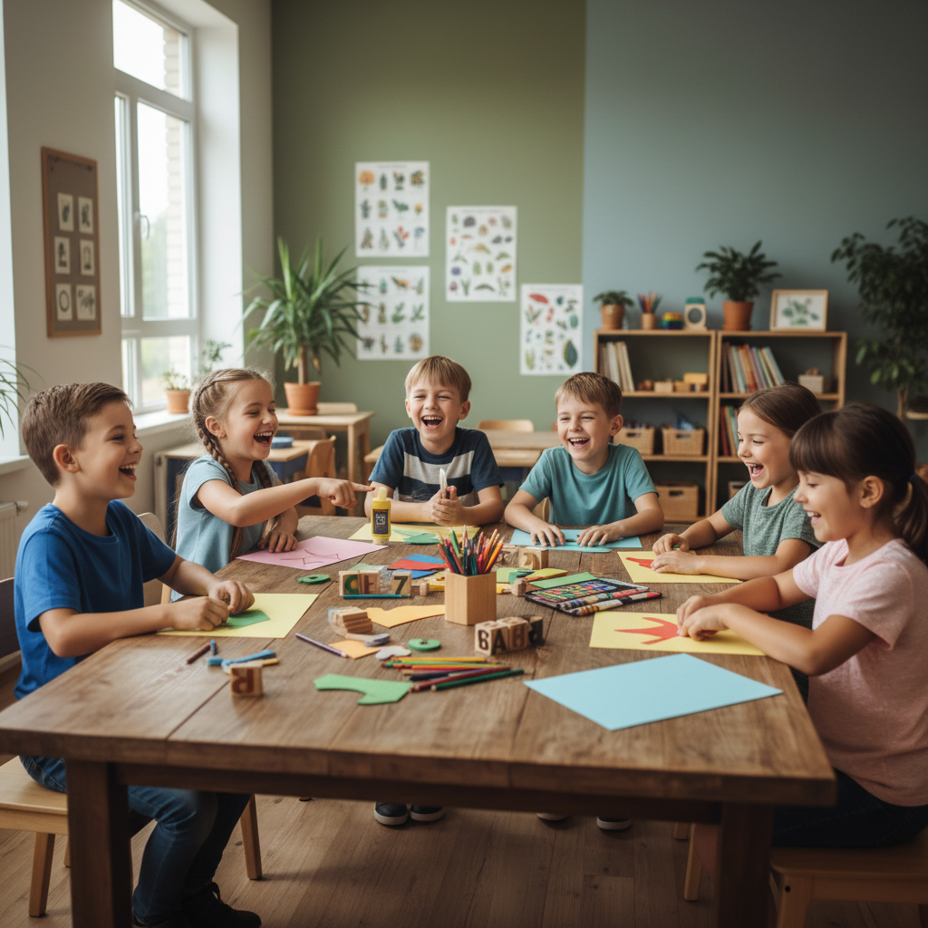Mehrere Kinder verschiedener Herkunft lernen gemeinsam an einem Tisch mit Lernmaterialien.