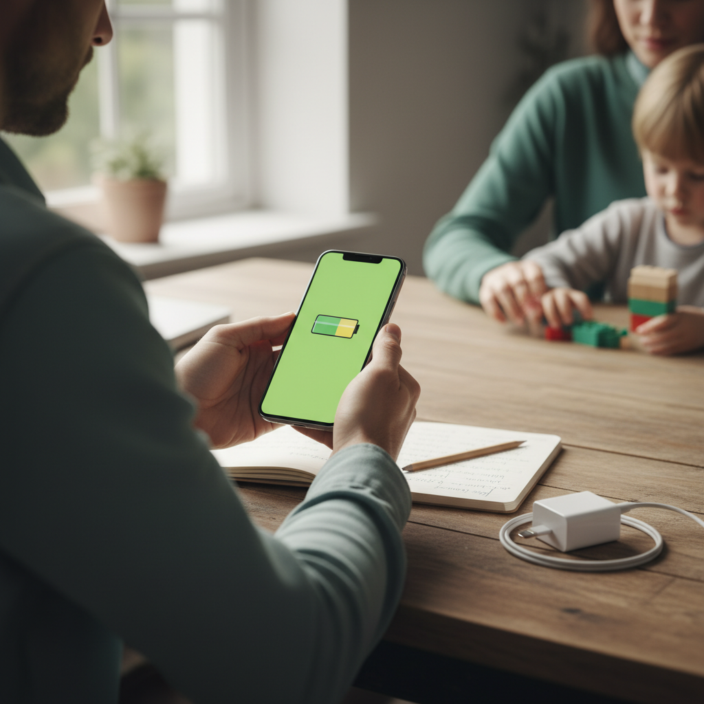 Eltern betrachten Smartphone mit Akkuanzeige, nachhaltige Nutzung im Blick