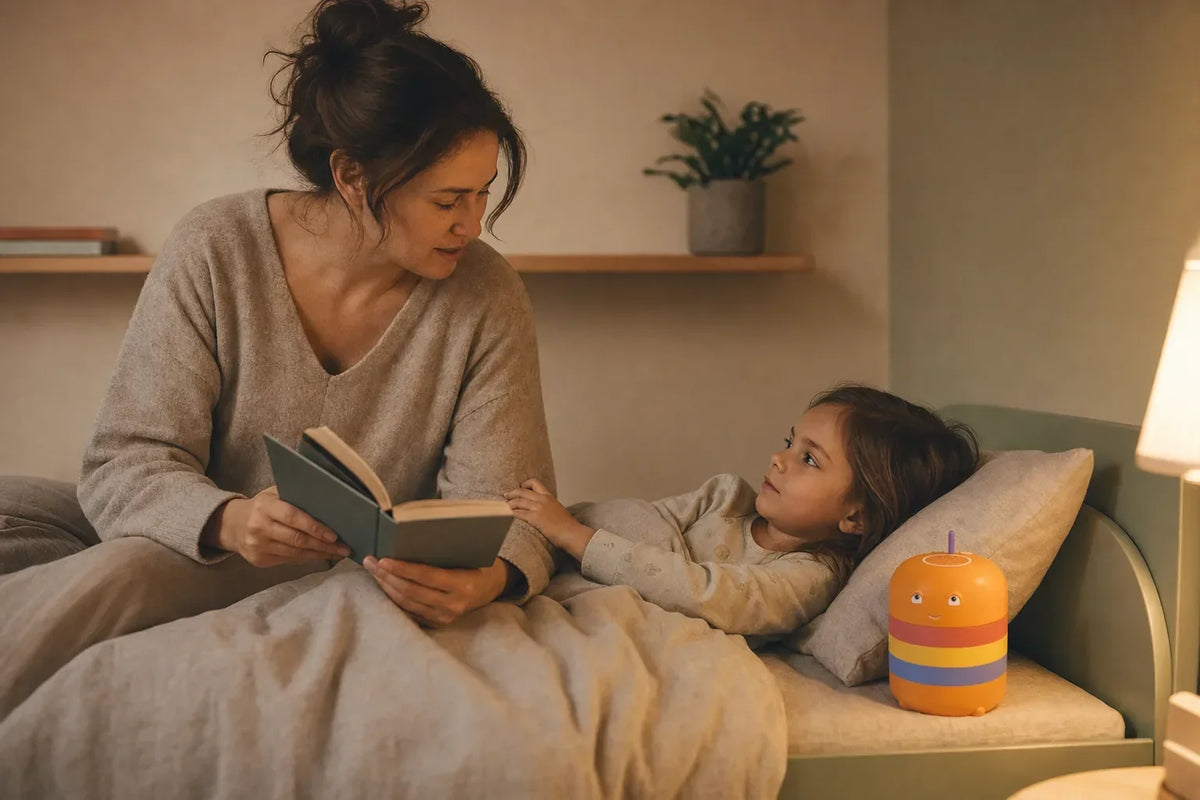 Mutter liest ihrer Tochter am Bett eine der 3-Minuten-Geschichten zum Vorlesen vor, daneben steht die Hörbox Ohrlaf.