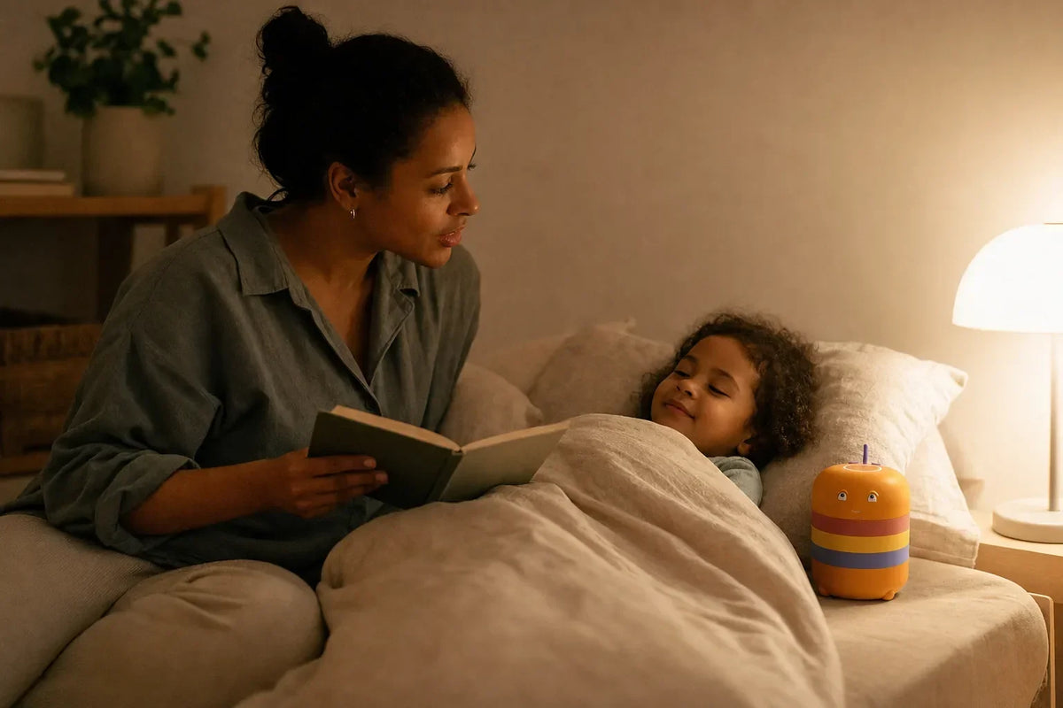 Eine Mutter liest ihrem Kind abends im Bett eine Einschlafgeschichte zum Vorlesen, daneben steht die bildschirmfreie Ohrlaf-Hörbox im warmen Licht der Nachttischlampe.